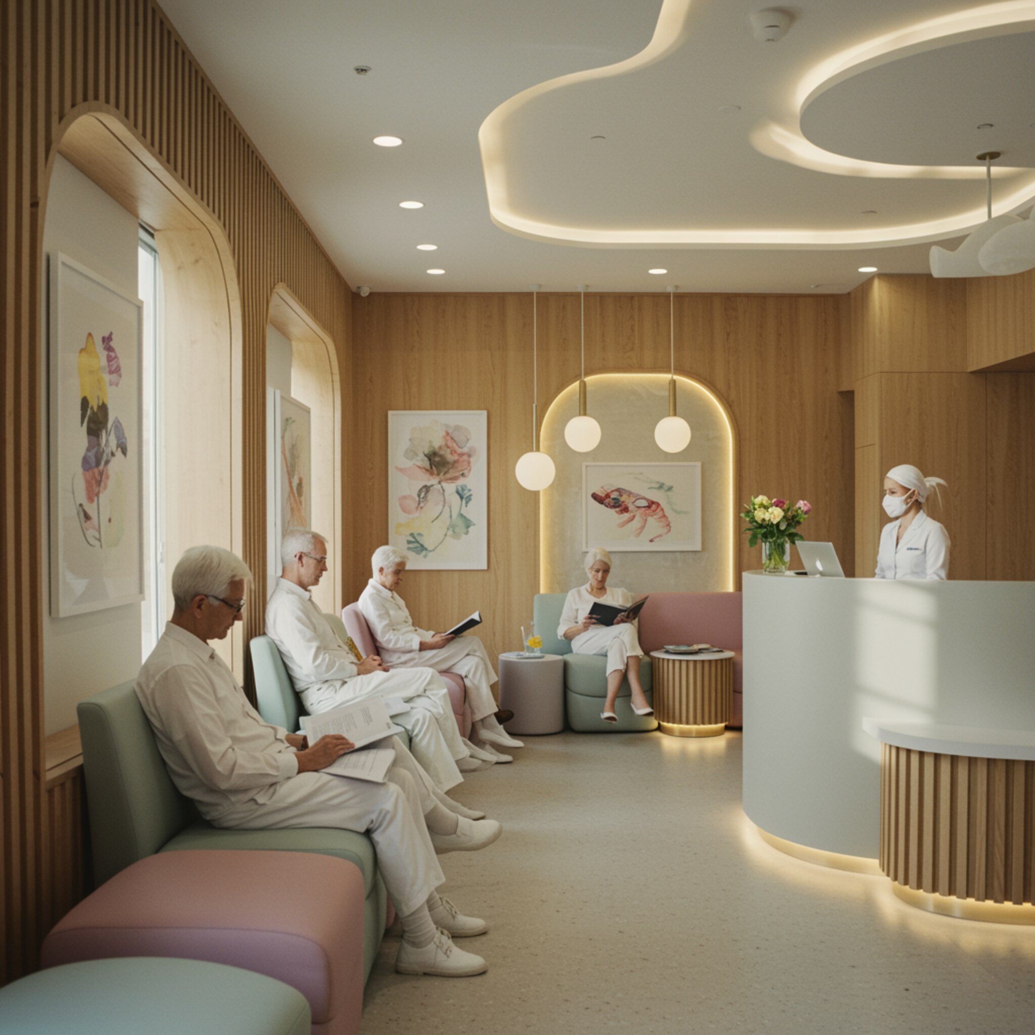 "Moderna sala de espera en un consultorio médico, con luz natural, decoración orgánica y un ambiente cálido y elegante para el confort del paciente."