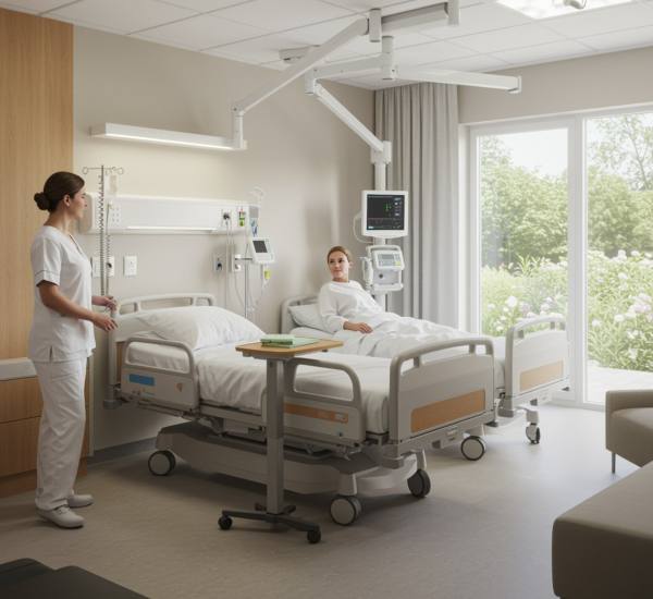 "Renderizado 3D fotorrealista de una habitación de hospital moderna, con un ambiente limpio y acogedor, que muestra un diseño centrado en el ser humano, equipado con una cama ergonómica y un mobiliario ajustable."