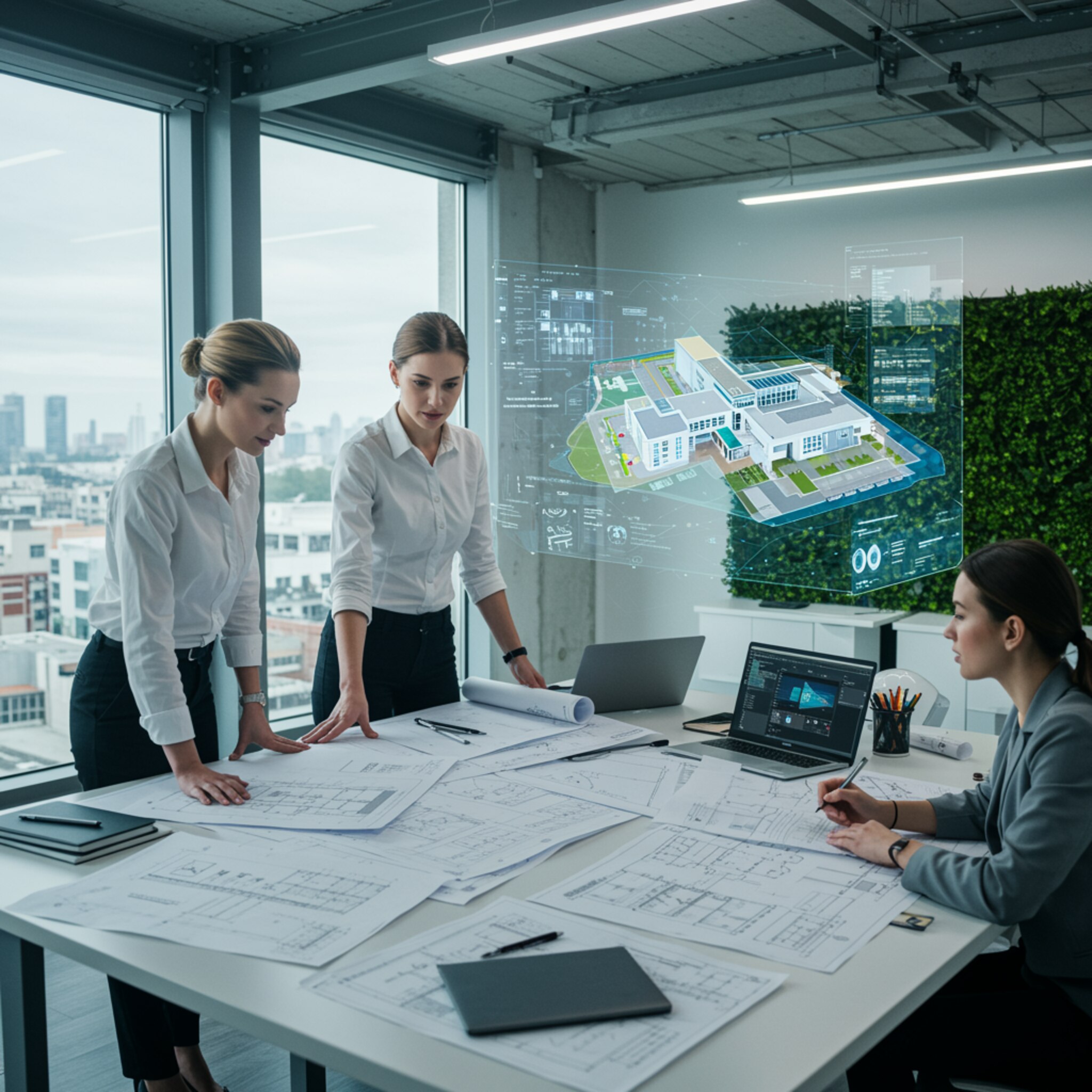 "Imagen de arquitectos colaborando en una oficina moderna de planificación hospitalaria, con proyecciones holográficas de un nuevo ala hospitalaria, que resalta el diseño centrado en el ser humano y la eficiencia clínica."