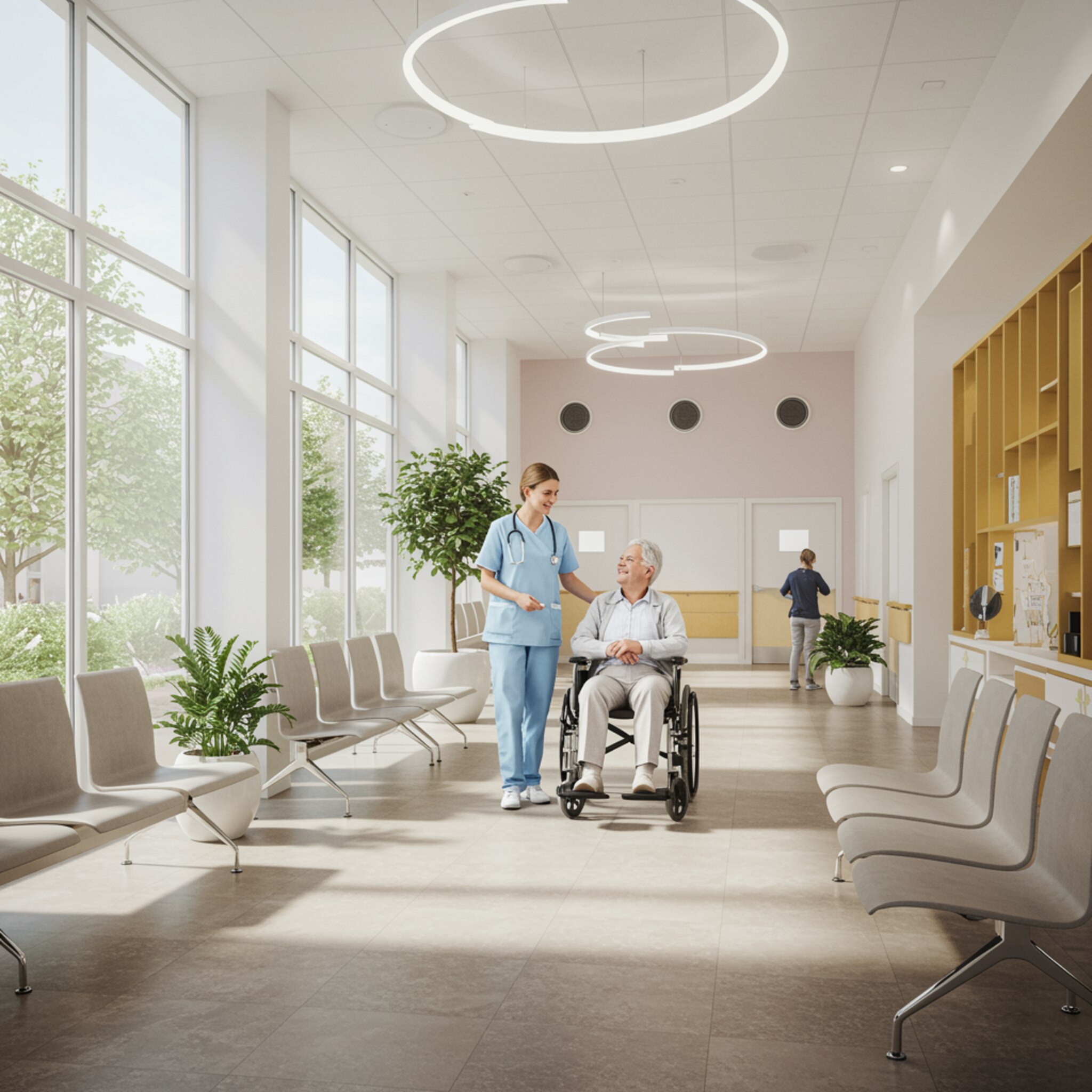 imagen5 3 "Interior moderno de hospital diseñado para el bienestar del paciente, con iluminación natural, espacios amplios y atención al paciente por parte de una enfermera, resaltando elementos de diseño sostenible."