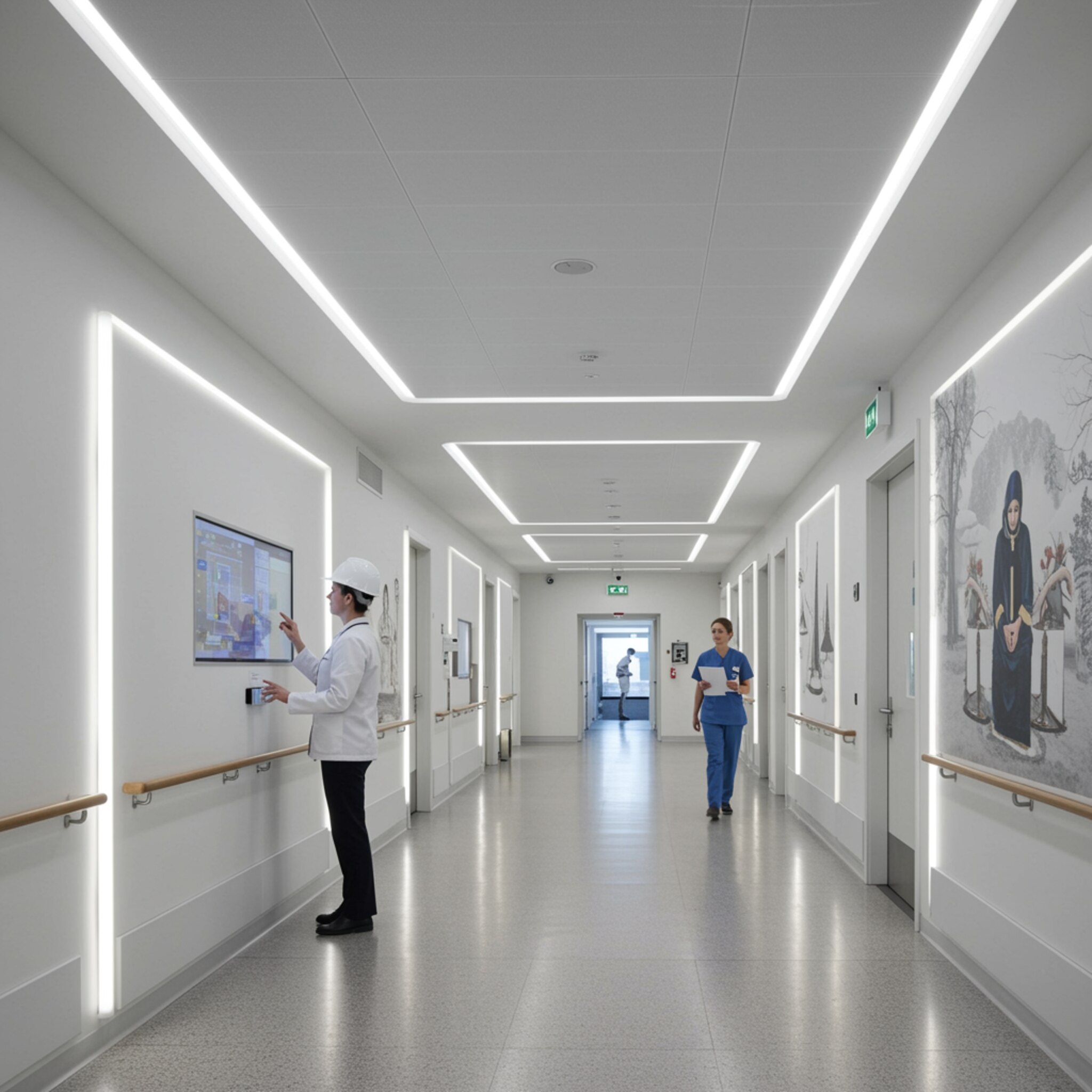 "Interior de un hospital moderno con pasillo iluminado, arquitecto revisando planos en pantalla táctil y enfermera caminando, ideal para transmitir un ambiente sereno y acogedor."