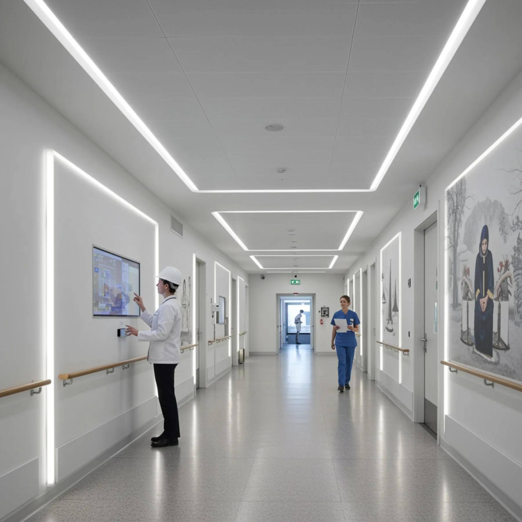 imagen5 "Interior de un hospital moderno con pasillo iluminado, arquitecto revisando planos en pantalla táctil y enfermera caminando, ideal para transmitir un ambiente sereno y acogedor."