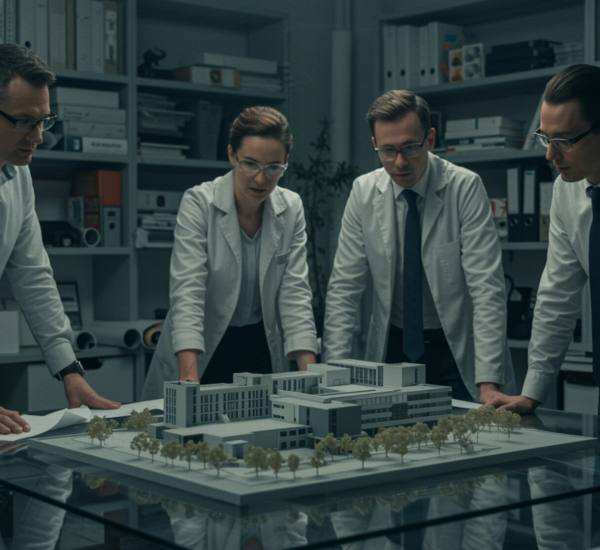 "Grupo de arquitectos revisando un modelo 3D de un ala hospitalaria en un moderno espacio de trabajo, rodeados de planos y libros de arquitectura."